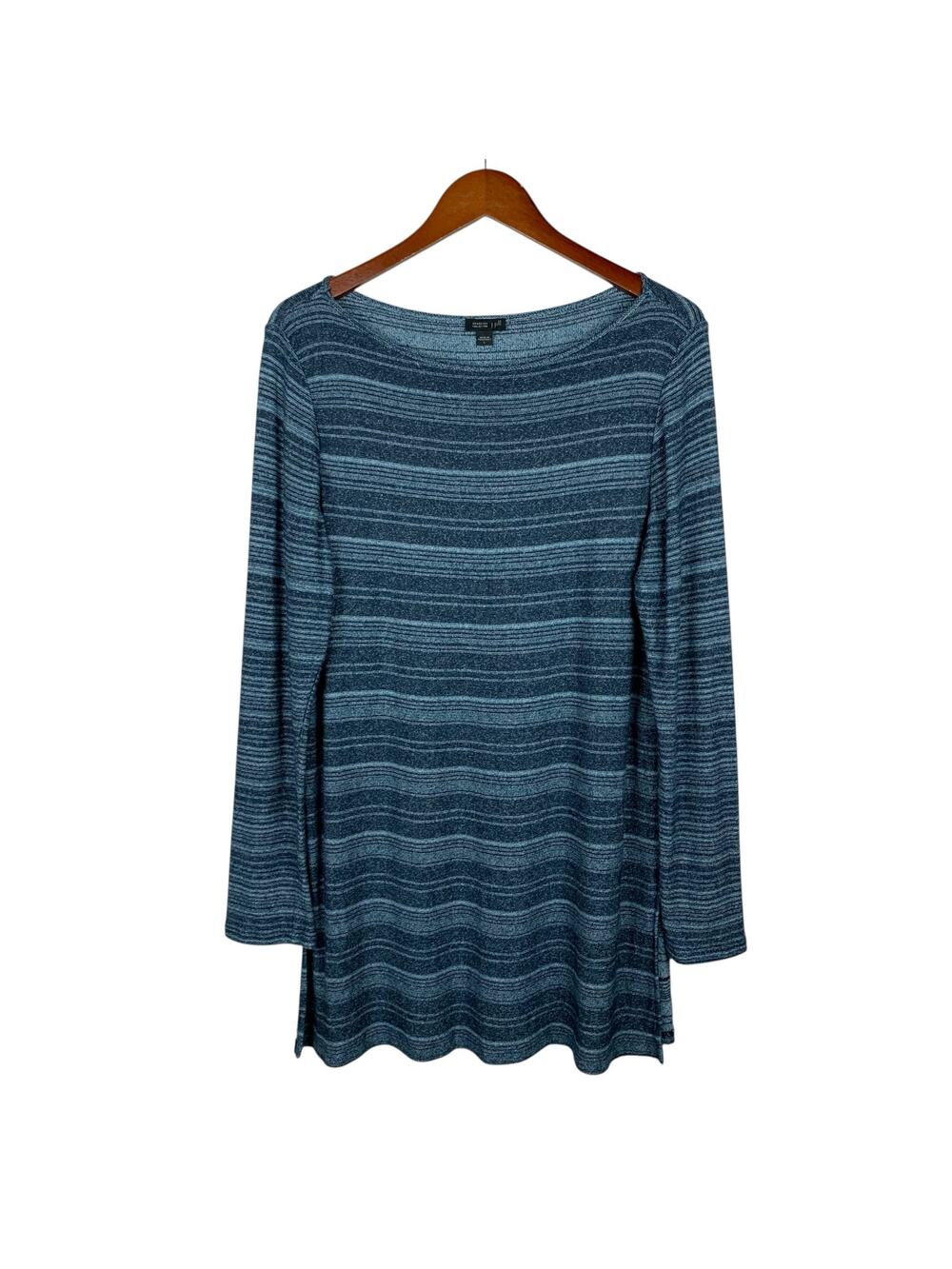 J Jill Wearever Tunic Top Blue Knit Stripe Longer Length Long Sleeve Women's L
